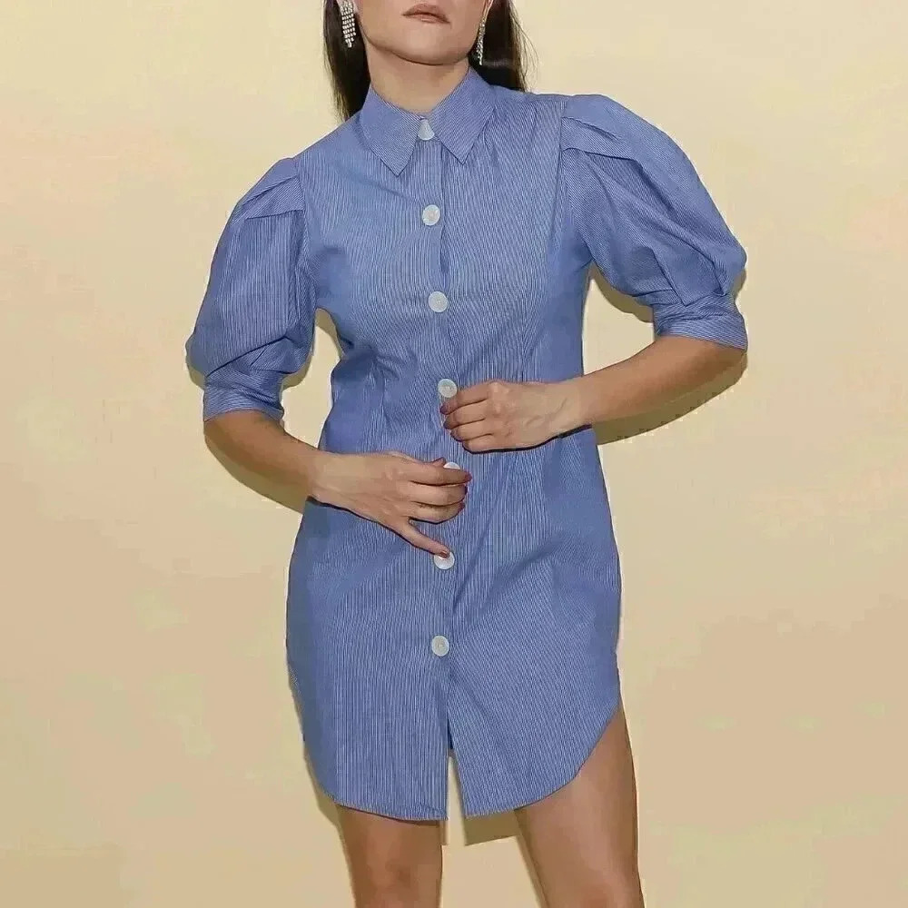 Preppy Shirt Dress Size Small Collared Button Down Puff Sleeve Summer Work Dress